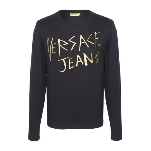 VERSACE JEANS/范思哲牛仔 男士黑色棉質(zhì)經(jīng)典字母徽標(biāo)印花裝飾圓領(lǐng)長(zhǎng)袖上衣T恤 B3GSA75B-36590-Y6A