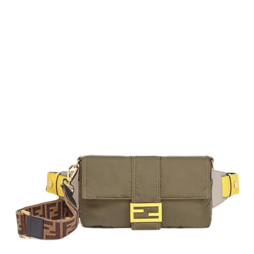 FENDI/芬迪 男士綠黃卡其拼色尼龍經(jīng)典雙F提花徽標裝飾磁扣開合單肩包斜挎包胸包腰包男包 7VA472-AD1I-F1BHW