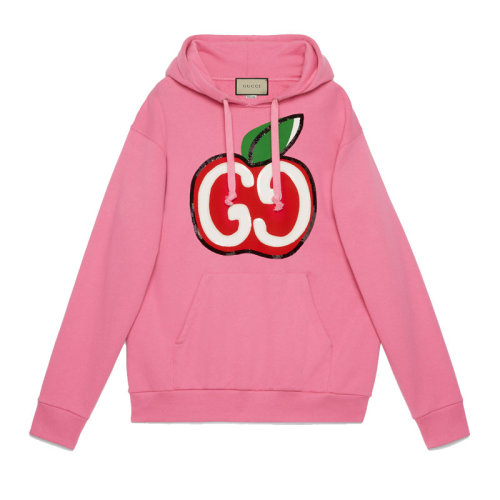  GUCCI/古馳 女裝 品牌雙G字母LOGO 蘋果圖案 女士粉色棉質(zhì)長袖連帽秋冬衛(wèi)衣 610160XJCCK5412