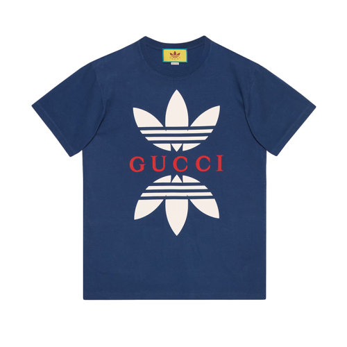 GUCCI/古馳 22年秋冬新款 adidas聯(lián)名系列 男士藍色純棉三葉草印花短袖T恤548334XJEMJ4622