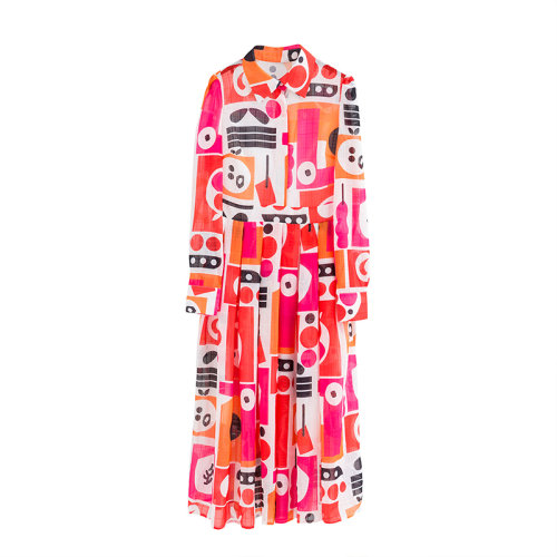 GeleiStory/GeleiStory 春夏新品 明星同款襯衫領(lǐng)單排扣幾何印花中長(zhǎng)款花色修腰連衣裙女裝＞女士裙裝＞女士連衣裙