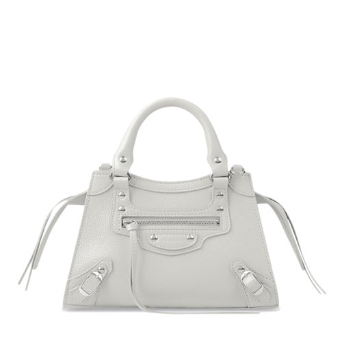 Balenciaga/巴黎世家 NEO CLASSIC系列 女士迷你白色粒面小牛皮復古銀色飾面單肩斜挎手提包63852415Y4Y9016