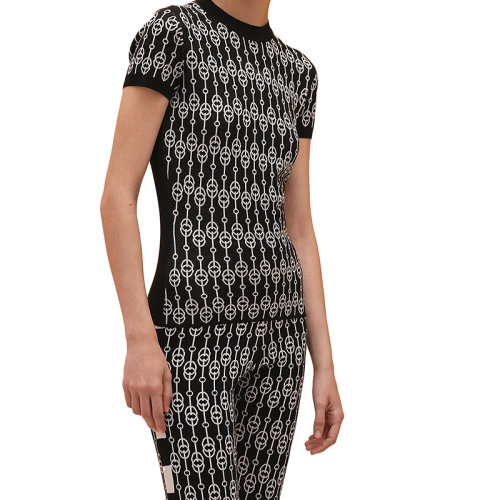 HERMES/愛(ài)馬仕 22年早春新款 女士黑色真絲混紡“Cliquetis”圖案短袖毛衣H2E2601D40234