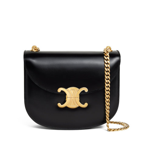 CELINE/賽琳 22新款TEEN BESACE TRIOMPHE系列 女士黑色皮革凱旋金扣金鏈單肩斜跨包110973BF4.38NO