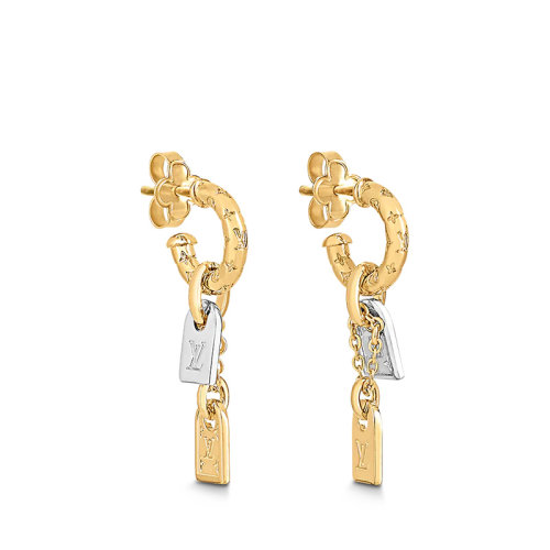 Louis Vuitton/路易威登 22春夏新款NANOGRAM系列 金色/銀色雙色金屬鏤刻老花圖案裝飾銀色吊飾耳環(huán)M00607