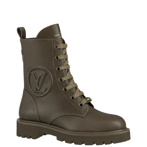 Louis Vuitton/路易威登 22年早春新款 TERRITORY系列 女士卡其綠色小牛皮浸漆效果LV Circle壓花馬丁靴中筒靴1A94RE
