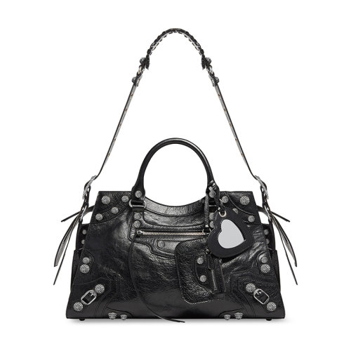 Balenciaga/巴黎世家 22新款 NEO CAGOLE CITY系列 女士黑色小羊皮復古銀色飾面水鉆梯形拉鏈開合拆卸心形鏡子拉鏈口袋徽標壓花編織手柄手提包700451210BK1000