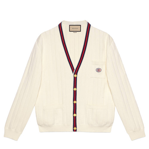 GUCCI/古馳 21年早秋新款 男士象牙色織帶棉質(zhì)針織V領(lǐng)開衫654984XKBUR9182