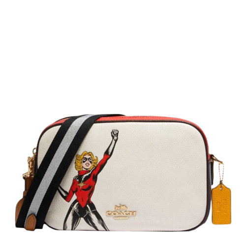 COACH/蔻馳 限量漫威聯(lián)名系列女士黑白橙拼色牛皮革金屬字母徽標(biāo)驚奇隊長JES裝飾拉鏈開合斜挎包單肩包小方包女包 F2545IMCAH