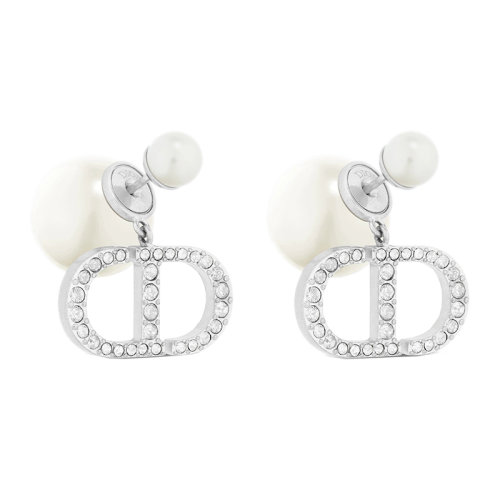 DIOR/迪奧 22新款 女士銀色金屬配白色樹脂珠銀色水晶鑲嵌字母耳釘E1293TRICY_D13S