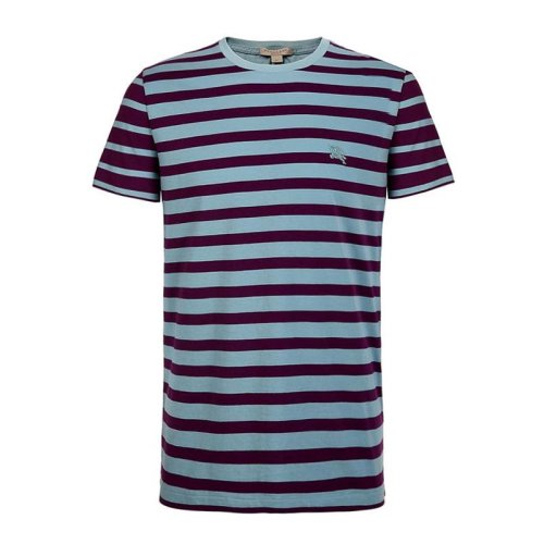 BURBERRY/博柏利20春夏 男裝 服飾 休閑百搭 紫色條紋 戰(zhàn)馬標(biāo)志橫條圓領(lǐng)半袖 男士短袖T恤 396300