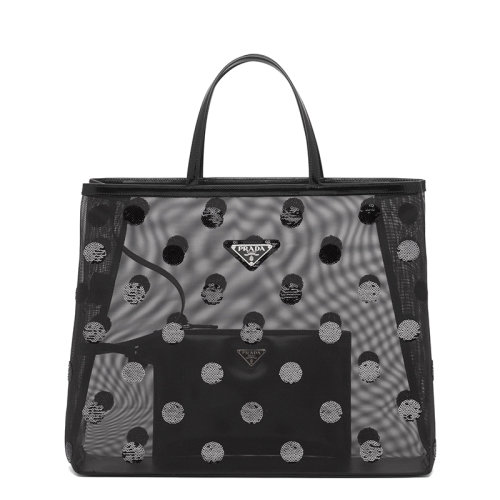 PRADA/普拉達  女士黑色織物材質(zhì)皮革提手波爾卡圓點圖案金屬徽標網(wǎng)眼手提托特包1BG416_2DZ9_F0002_V_OOO