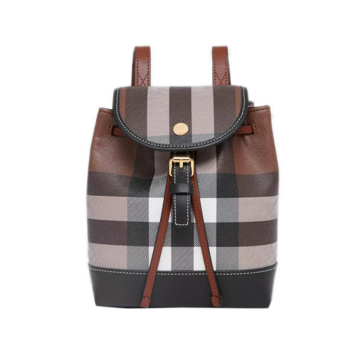 BURBERRY/博柏利 22新款 女士深棕色格紋皮革金色飾面抽繩磁性按扣開合調(diào)節(jié)肩帶雙肩包80584691