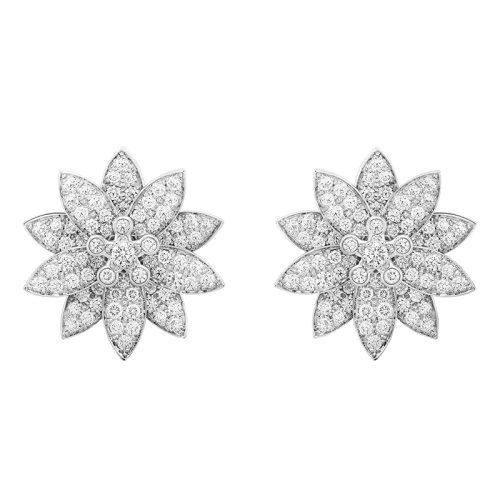 Van Cleef & Arpels/梵克雅寶 經(jīng)典Lotus系列 18k金白金鑲嵌鉆石滿鉆中號(hào)蓮花耳環(huán)VCARO96C00