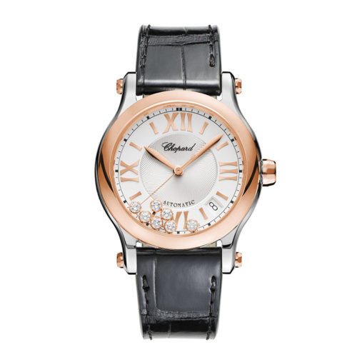  Chopard/蕭邦  Happy Sport系列精鋼和玫瑰金自動機械鱷魚皮表帶女士鑲鉆腕表36毫米278559-6001