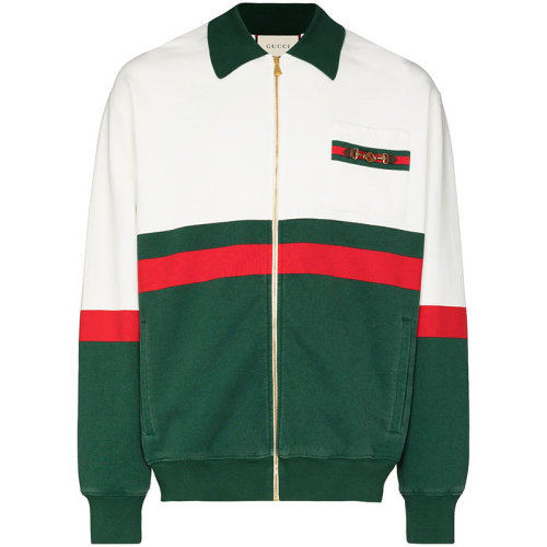 GUCCI/古馳  古琦男裝 品牌LOGO圖案 條紋裝飾 男士拼色滌綸時尚拉鏈秋冬外套夾克 625402 XJCOD 9146