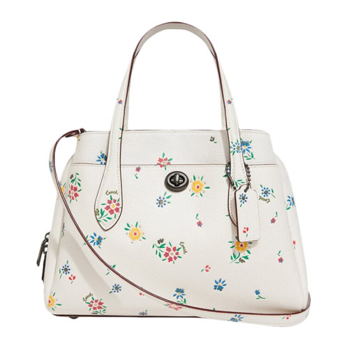COACH/蔻馳 LORA CARRYALL系列30號女士白色皮質(zhì)野花印花拉鏈開合單肩包斜挎包手提包托特包女包 642V5CHK