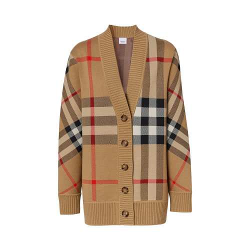 BURBERRY/博柏利 女士米色滌綸混紡羊毛復(fù)古格子圖案V領(lǐng)開衫針織衫 8039153