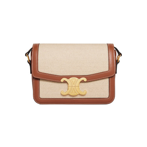 CELINE/賽琳 23春夏新款 女士自然色/棕褐色織物配皮金色金屬搭扣翻蓋開合單肩斜挎包188882EGC.02NT