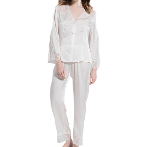GeleiStory/GeleiStory 真絲睡衣女夏長袖長褲兩件套白色蕾絲春秋桑蠶絲家居服套裝女裝＞女士睡衣/家居服＞女睡衣/家居服