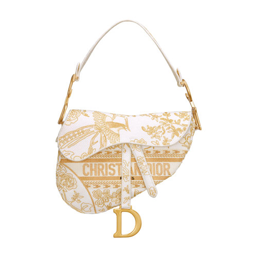 DIOR/迪奧 23新款 女士白色帆布金色金屬線刺繡字母標(biāo)志馬鞍形翻蓋磁性D形環(huán)扣開(kāi)合單肩斜挎手提馬鞍包M0446CMFH_M981