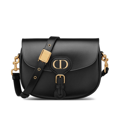 DIOR/迪奧 BOBBY系列 黑色滑面小牛皮金扣翻蓋中號(hào)斜挎單肩馬鞍包M9319UMOL_M900