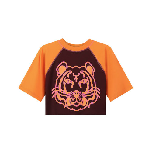 KENZO/高田賢三【22春夏新款】女士棉質(zhì)寬松版K-Tiger露臍短款圓領(lǐng)短袖T恤 2TS678 4SA