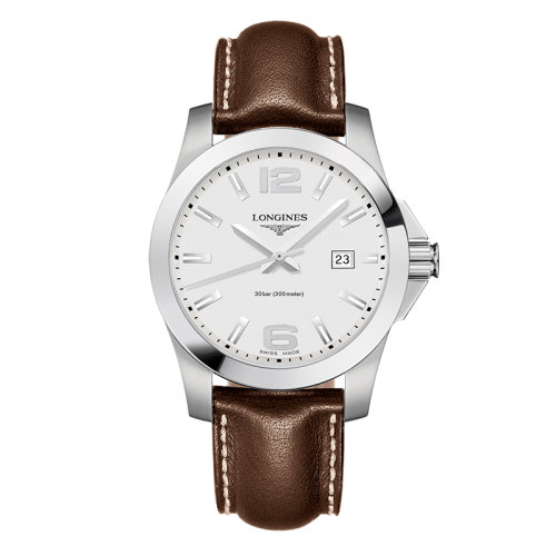 LONGINES/浪琴  康卡斯系列 石英表精鋼表殼銀面皮質(zhì)表帶男表41毫米L3.759.4.76.5