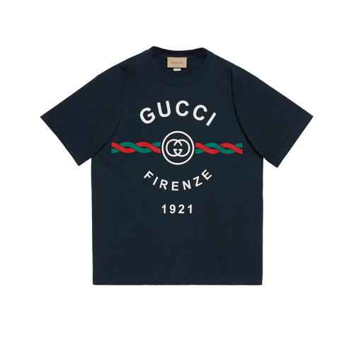 GUCCI/古馳 22年春夏新款 男士深藍色純棉Firenze 1921印花短袖T恤616036XJD7T4795