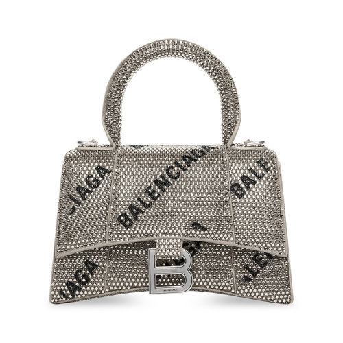 Balenciaga/巴黎世家 22新款 HOURGLASS MODEL XS系列 女士銀色/黑色絨面小牛皮飾有通體水鉆徽標(biāo)做舊銀色飾面拆卸調(diào)節(jié)肩帶肩背手提包706836210FK8160