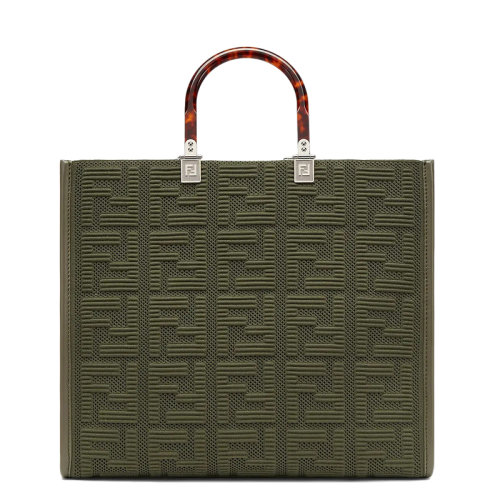 FENDI/芬迪 SUNSHINE系列 女士中號綠色FF布料玳瑁殼效果硬質(zhì)樹脂玻璃手柄單肩手提包8BH386AHWCF0GVX