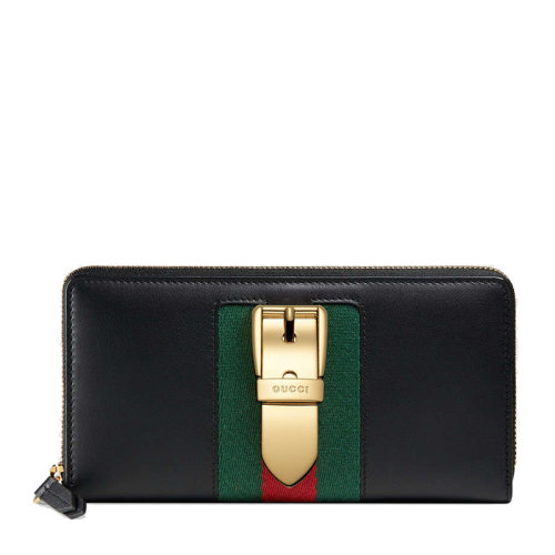 GUCCI/古馳 女士黑色時(shí)尚條紋拼接金屬扣封全拉鏈長款錢包