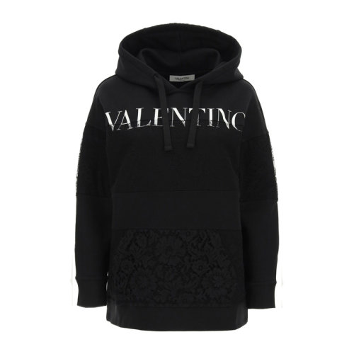 Valentino/華倫天奴 女士黑色棉質(zhì)平紋針織重磅蕾絲經(jīng)典字母徽標(biāo)印花裝飾連帽抽繩長袖上衣衛(wèi)衣連帽衫套頭衫運動衫 WB3MF11B-6GW-0NI