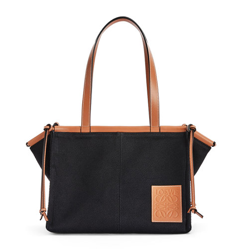 LOEWE/羅意威 20  Cushion Tote系列 女士小號(hào)黑色/棕褐色帆布小牛皮單肩手提托特包0010576148