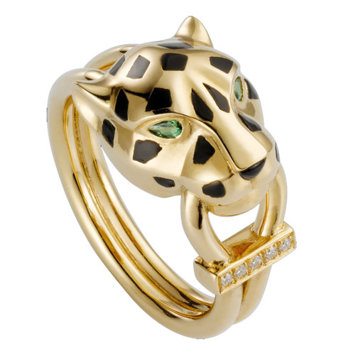 CARTIER/卡地亞 PANTHèREDE系列 黃金黑漆石榴石鑲嵌鉆石獵豹戒指B4096700