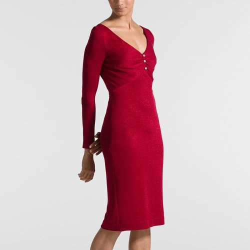 St.John/盛薔復(fù)古休閑顯瘦V領(lǐng)長袖針織女士連衣裙K12X022