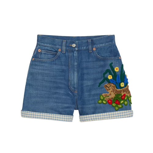 GUCCI/古馳 22年早春新款 中國新年系列 女士藍(lán)色棉質(zhì)混紡丹寧面料老虎和花朵刺繡牛仔短褲熱褲?683732XDBV74447