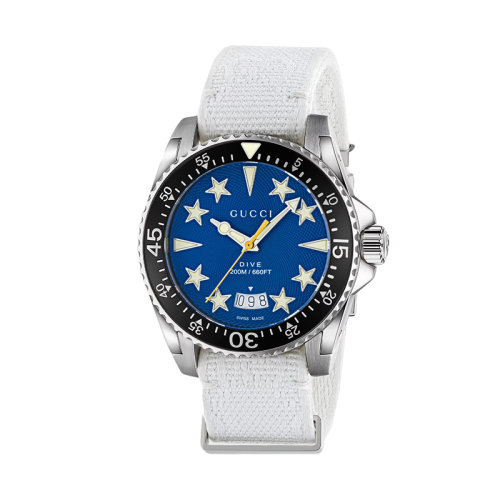 GUCCI/古馳      Dive系列 男士石英機(jī)芯藍(lán)色表盤和精鋼表殼GG再生聚酯纖維表帶腕表40毫米686947ICXA08183