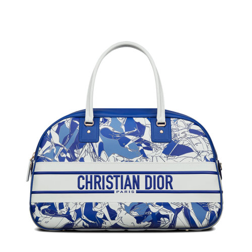 DIOR/迪奧 22春夏新款VIBE系列 女士大號(hào)藍(lán)色白色Athlètes圖案光滑牛皮革經(jīng)典保齡球包手提包M6203OBWA_M928
