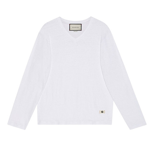 GUCCI/古馳 22年春夏新款 Epilogue系列 男士白色亞麻面料雙G圖案V領(lǐng)長袖T恤645270XJC6N9692