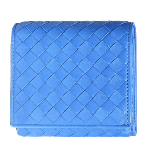 Bottega Veneta/葆蝶家 女士藍色羊皮經(jīng)典編織短款對折錢夾錢包女包 156822-V001N-4304