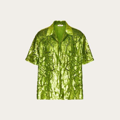  VALENTINO華倫天奴 22年秋冬 男士 短袖襯衫 CHEMISE BOWLING EN NYLON A_VEC PAILLETTES ET B