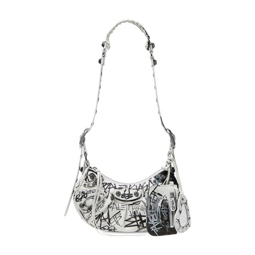 Balenciaga/巴黎世家 22新款 Le Cagole Model XS系列 女士黑白涂鴉印花羔羊皮復(fù)古銀色飾面拉鏈開合拆卸心形鏡子拉鏈口袋徽標(biāo)壓花單肩包671309210GB9060