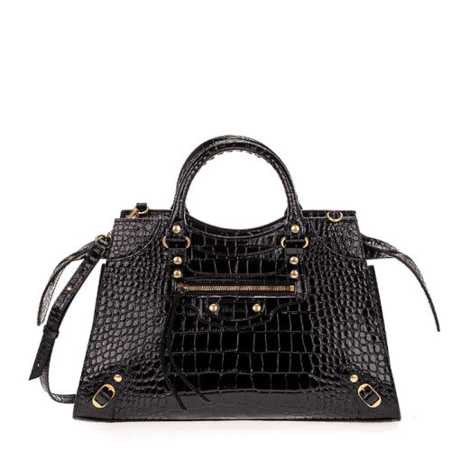 Balenciaga/巴黎世家  女士黑色鱷魚(yú)印花牛皮手提包單肩包女包6549071ROD11000