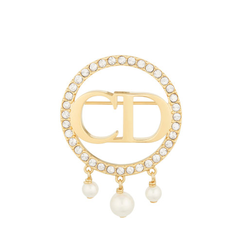 DIOR/迪奧 22新款CLAIR D LUNE系列 女士金色飾面金屬白色樹(shù)脂珠飾銀色調(diào)仿水晶裝飾CD圓形胸針V0940CDLCY_D03S