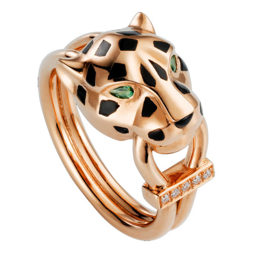 CARTIER/卡地亞 PANTHèREDE系列 玫瑰金石榴石瑪瑙黑漆鉆石獵豹戒指B4221400