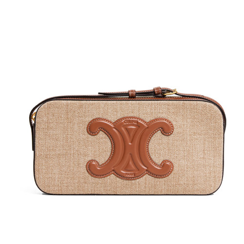 CELINE/賽琳 22新款CUIR TRIOMPHE系列 女士米色/褐色皮革帆布開(kāi)合飾徽標(biāo)單肩斜挎相機(jī)包199182EG1.02ET