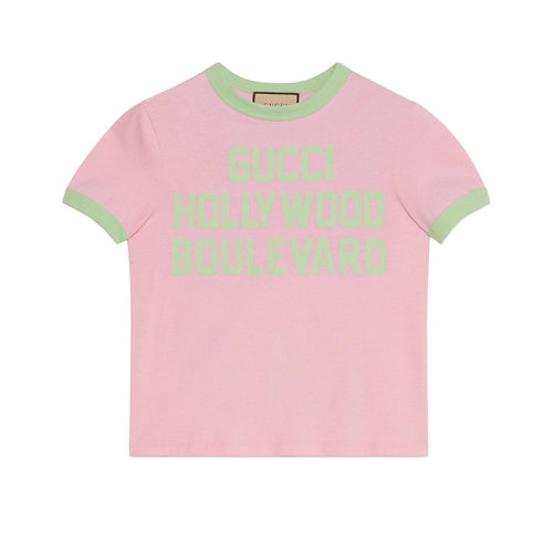 GUCCI/古馳 22年春夏新款 愛的進行曲系列 女士粉色純棉日落棕櫚樹印花短袖T恤695816XJED45904