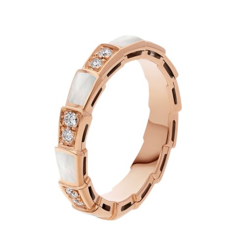 BVLGARI/寶格麗 Serpenti Viper系列 經(jīng)典款白貝母18K金玫瑰金色帶鉆 蛇形戒指 353205