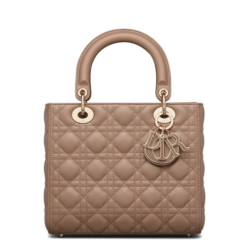 DIOR/迪奧  LADY DIOR系列 女士中號(hào)灰褐色棱紋小羊皮單肩斜挎手提戴妃包M0565OCEA_M45M